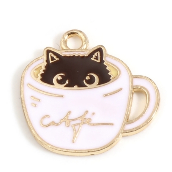 2 for $15 | Black Cat in White Mug Charm - enamel/gold alloy - Picture 1 of 5